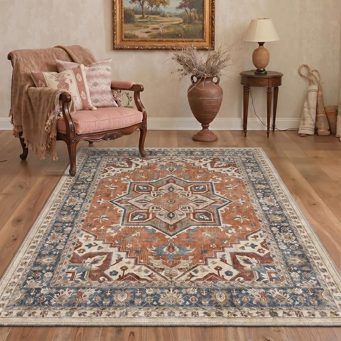 GENIMO 2x5 Runner Rugs for Hallway Kitchen and Laundry Room Non Slip Low Pile Machine Washable Lightweight Print Rug for Bedroom Bathroom Entryway, Floral Medallion, Dusty Terracotta