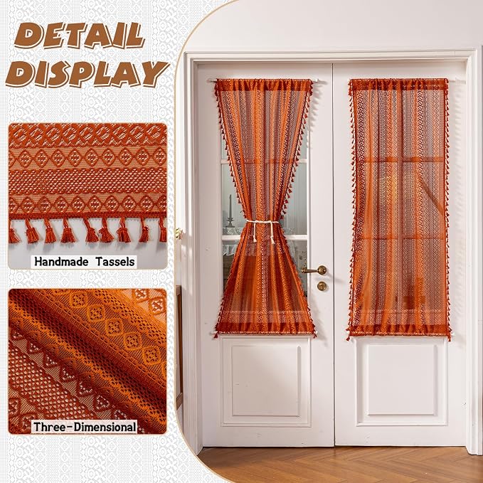 Sutuo Home Terracotta French Door Curtains 72 Inches Long for Front Door Glass & Sidelights, Burnt Orange Bohemian Tassels Vintage Chic Privacy Drapes Window Halloween Decor, Rod Pocket 2 Panels 25" W