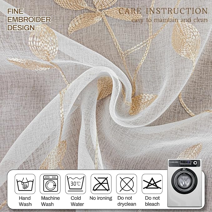 AmHoo 2 Panels Embroidered Leaf Pattern Semi Sheer Curtains Foliage Floral Voile Window Draperies Treatment for Bedroom Living Room Rod Pocket White Beige 53 x 95 Inch