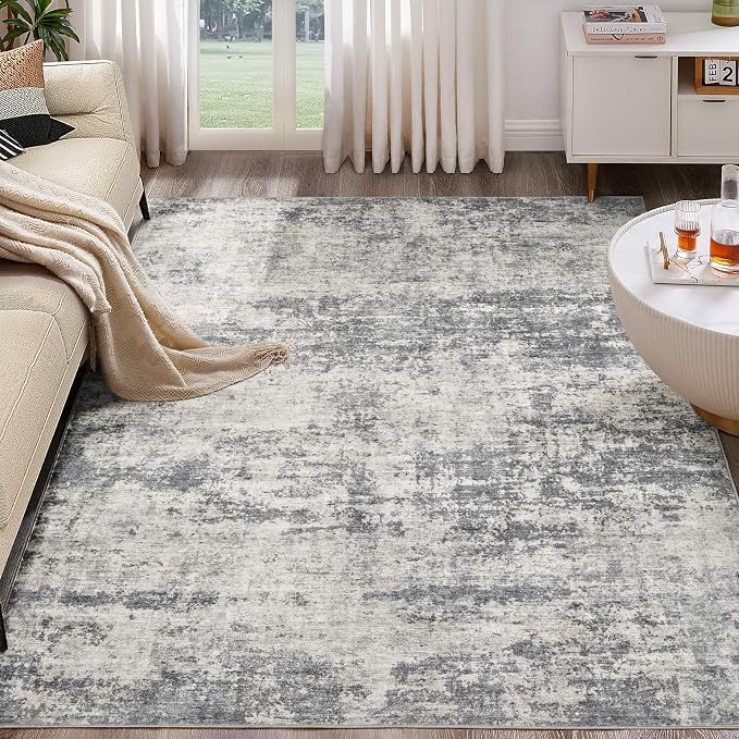 Abstract 8x11 Area Rug: Machine Washable Non Slip Ultra Thin Low-Pile Carpet, Soft Stain Resistant for Living Dining Room Bedroom, Kid Pet Friendly, Robot Vacuum Compatible - Dark Grey/Beige