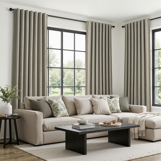 Grey Green Blackout Linen Curtains 96 Inches Long for Living Room/Bedroom, Pleated Window Track Heavy Curtain for winter with Pin Hooks Boho Dark Green Drapes Thermal Insulated (50"Wx96"Lx2Panels)