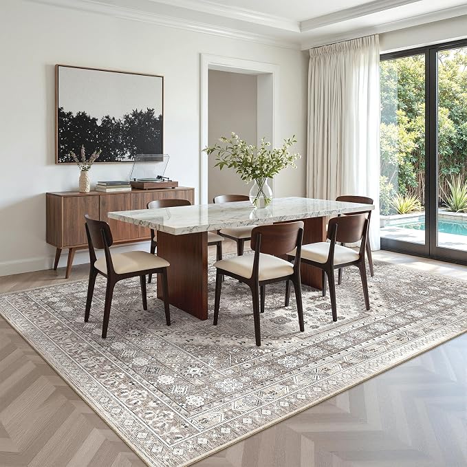zesthome 7x9 Area Rug, Super Soft Washable Rugs for Living Room, Non-Slip Stain Resistant Vintage Rugs, Ultra-Thin Large Area Rugs (Brown/Beige,7'x9')