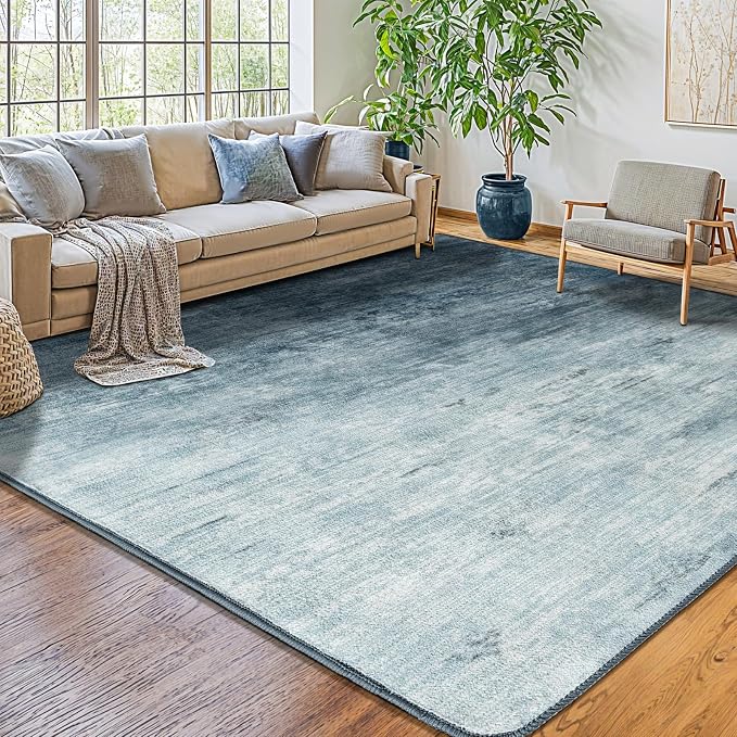 6x9 Washable Area Rug, Blue Solid Area Rugs for Living Room & Bedroom | Stain-resistant & Non-slip backing,Low Pile Washable Large Carpet, Solid Vintage Style For High Traffic Areas(6x9,Blue)