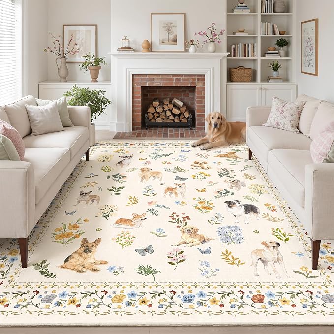 Soalmost Dog 8x10 Area Rugs for Living Room, Machine Washable Animal Floral Vintage Rug Non-Slip Low Pile Soft Throw Large Rugs for Classroom Bedroom Dining Room Nursery Playroom (8 x 10,Beige)
