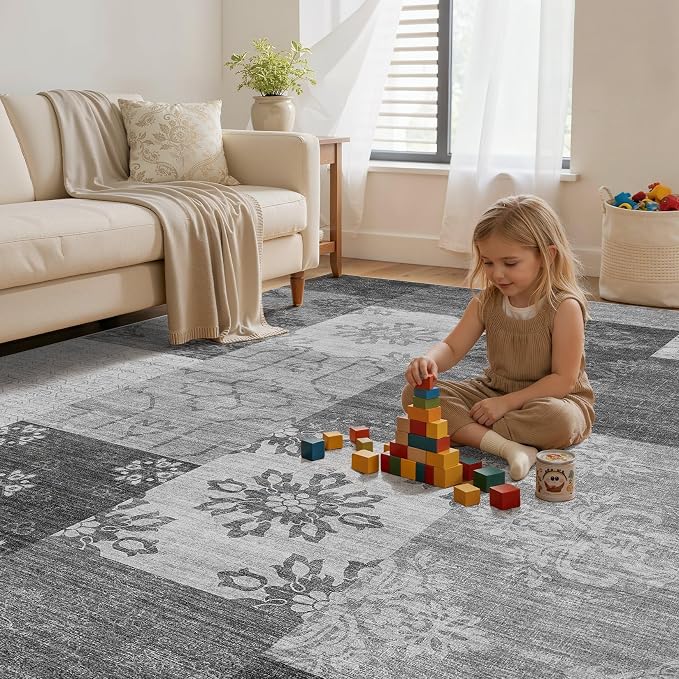 UERMEI 8x10 Area Rug for Living Room - Washable Vintage Carpet, Non-Slip Soft Large Indoor Floor Rugs for Bedroom Home Office & Under Dining Table Decor, Gray Block