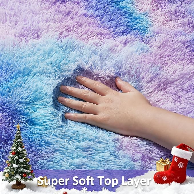 Ophanie Round Rug 4Ft Tie-Dye Rainbow Purple Circle Area Rug, Fluffy Fuzzy Bedroom Carpet, Plush Soft Shaggy Indoor Floor Colorful Living Room Rugs for Kids Home Decor Aesthetic, Nursery