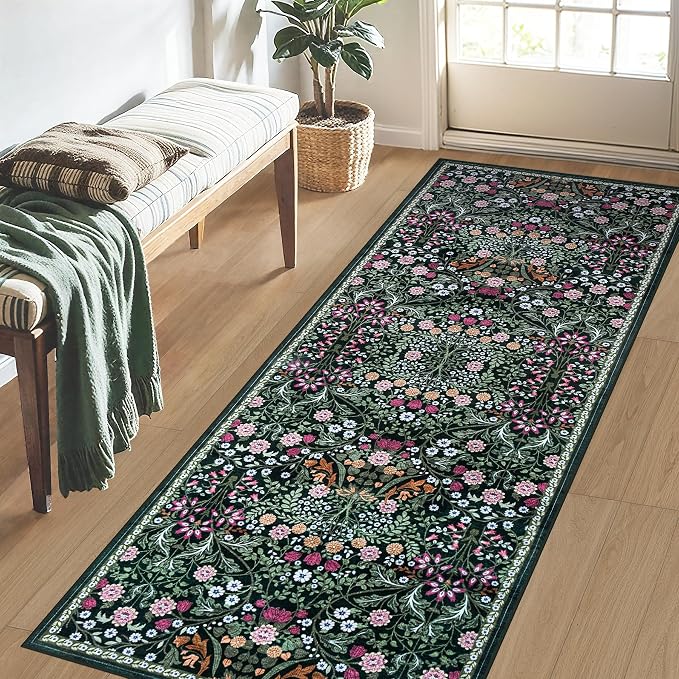 Runner Rug for Entryway: 2x5 Kitchen Rugs Non Slip Washable Ultra-Thin Soft Floral Carpet Indoor Floor Stain Resistant Carpets for Hallway Bedroom Kitchen Laundry Bathroom Dorm Dark Green