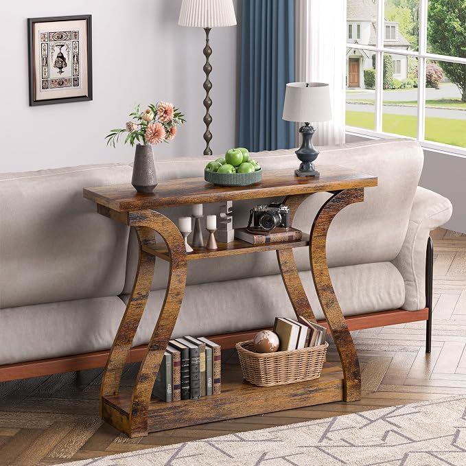 Wooden Console Table with Curved Legs and Shelf, 3-Tier Modern Accent Narrow Sofa Table for Entrance Area, Living Room, Hallway, 47 in Wide Wood Console Table for Entryway (Rustic Brown)