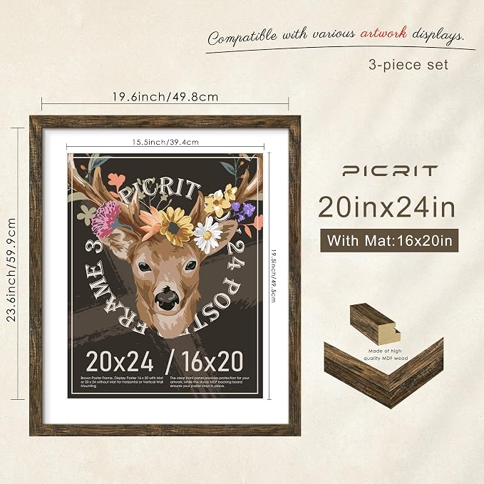 Picrit 20x24 Picture Frame 3 Pack, Wooden Brown Rustic Poster Frame, Display Poster 16 x 20 with Mat or 20 x 24 without Mat for Horizontal or Vertical Wall Mounting
