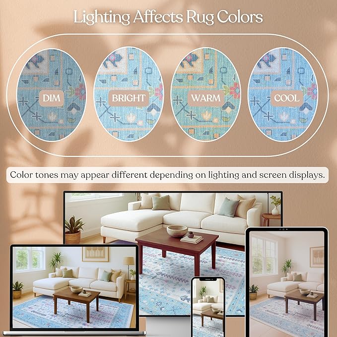 Fame Living Cream Blue Oushak Rug, Modern, Vintage, Turkish, Eclectic, Floral, Pastel, Washable, Area Rugs for Living Room, Dining, Bedroom, Office, Entryway, Foyer, Playroom, Nursery, 5'x6'9"