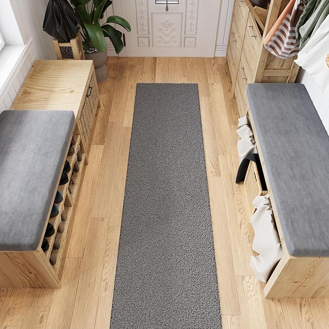 Ottomanson Shag Hallway Runner Rug 2' x 10', Fluffy Runner with Non-Slip Rubber Backing, Soft Non-Shedding Rug for Entryway, Kitchen, Corridor, Laundry, Gray