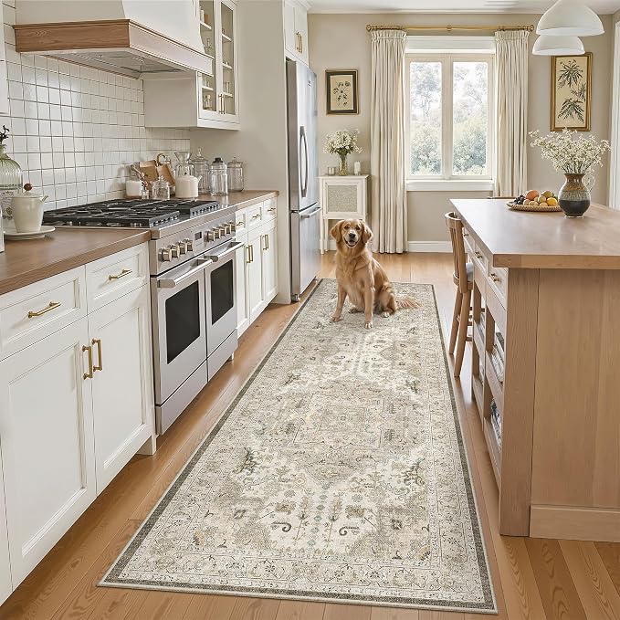 Madane Kitchen Runner 2'6''x8' Soft Rug Runners for Hallways, Ivory/Brown | Vintage Machine Washable Rugs 2.5x8 Ft, Non-Slip Low Pile Stain-Resistant 8ft Floor Carpet for Laundry Room, Corridor
