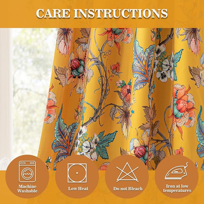 MYSKY HOME Floral 95% Blackout Curtains 108 inches Length 2 Panels Set Black Out Thermal Insulated Privacy Protect Vintage Spring Window Treatment Grommet Top for Living Room Dining Room, Yellow