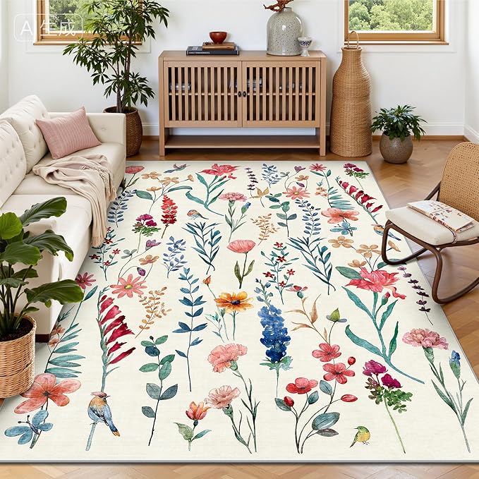 5x7 Area Rugs, Floral Washable Rugs for Living Room, Dining Room, Non-Slip Non Shedding Low Pile Home Decor Durable Bedroom Rug(Beige Floral)