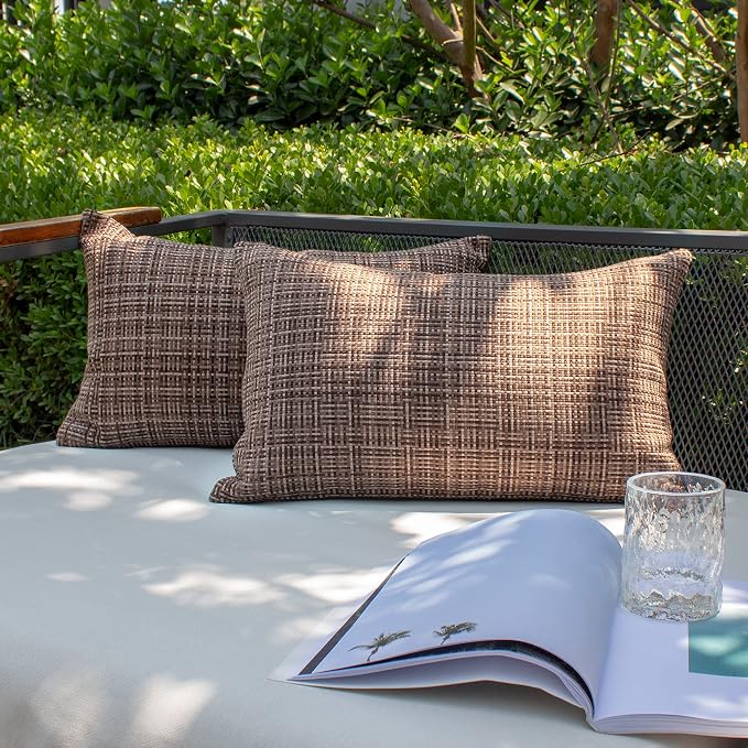 Kevin Textile Outdoor Waterproof Throw Pillow Covers 14x24 Inch Pack of 2 Woven Faux Linen Farmhouse Decorative Water Resistant Lumbar Cushion Covers for Tent Patio Garden Couch Sofa Coffee