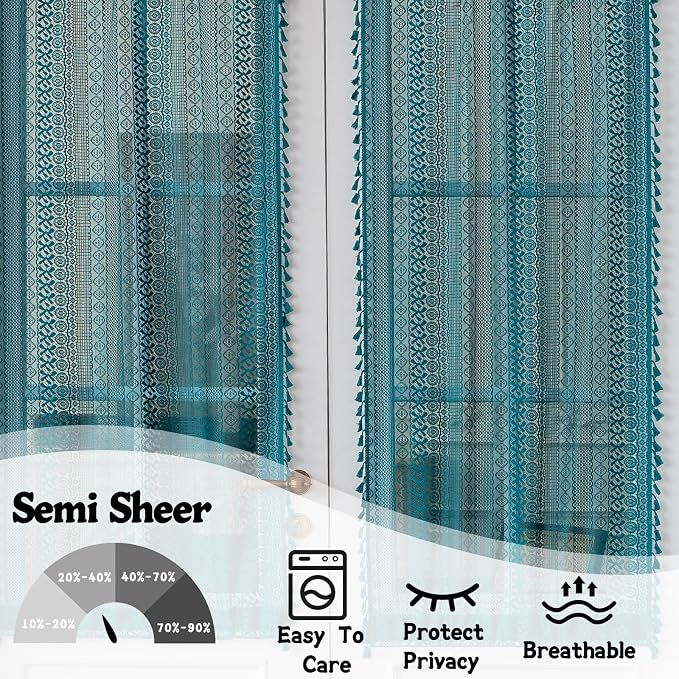 Sutuo Home French Door Curtains for Doorway Glass & Sidelights, Semi Sheer Door Window Curtains for Patio Vintage Chic French Country Tassels Privacy Drapes Rod Pocket 2 Panels 25" W x 40" L Teal