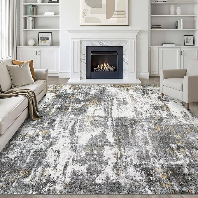 7x9 Area Rug Living Room: Washable Large Neutral Rug Abstract Soft Modern Stain Resistant Indoor Floor Non-Slip Carpet for Bedroom Nursery Kids Office Playroom Dining Room- Black White Gold