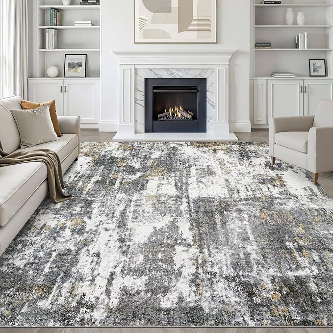 8x10 Area Rugs Living Room: Washable Large Neutral Rug Abstract Soft Modern Stain Resistant Indoor Floor Non-Slip Carpet for Bedroom Nursery Kids Office Playroom Dining Room- Black White Gold