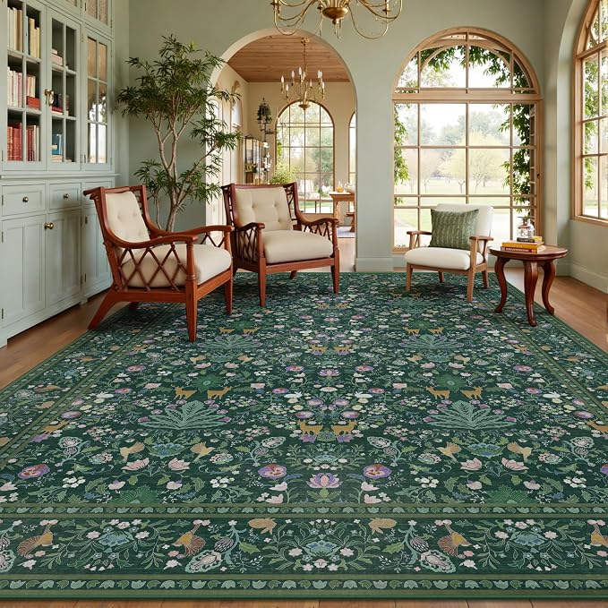 8x10 Area Rugs, Machine Washable Low Pile Floral Rugs for Living Room, Bedroom, Large Boho Area Rug with Non-Slip Backing for Dining Room(Dark Green)