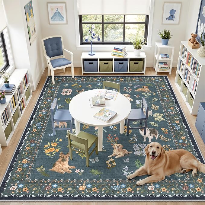 Soalmost Dog 8x10 Area Rugs for Living Room, Machine Washable Animal Floral Vintage Rug Non-Slip Low Pile Soft Throw Large Rugs for Classroom Bedroom Dining Room Nursery Playroom (8 x 10,Navy Blue)