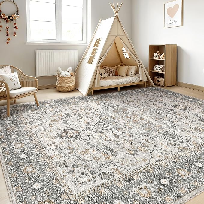 6x8 Area Rugs Living Room: Washable Boho Large Neutral Vintage Soft Rug Stain Resistant Distressed Farmhouse Non-Slip Indoor Floor Carpet for Bedroom Nursery Kids Office Dining Room- Taupe