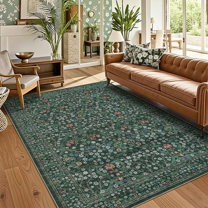 GarveeHome Floral Area Rugs 5x7, Washable Rug for Living Room, Bedroom, Low Pile Non Slip Stain Resistance Indoor Boho Carpet Mat for Farmhouse, Dining Room, Office, Dark Green