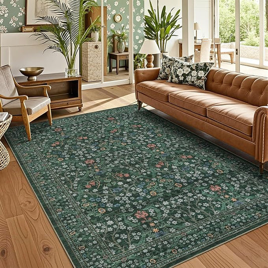 GarveeHome Floral Area Rugs 5x7, Washable Rug for Living Room, Bedroom, Low Pile Non Slip Stain Resistance Indoor Boho Carpet Mat for Farmhouse, Dining Room, Office, Dark Green