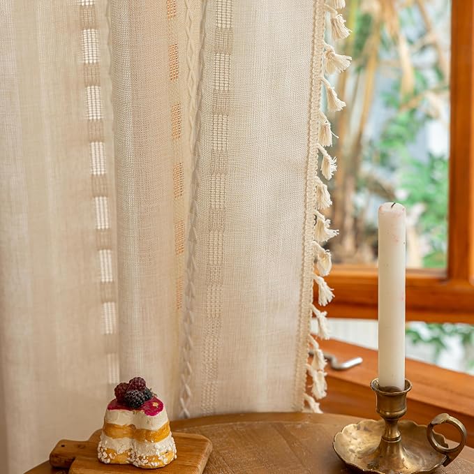 Beige Boho Curtains 2 Panels,Light Filtering Vintage Curtains 84 inches Long for Living Room Bedroom,Farmhouse, Bohemian Natural Tassels Country Embroidery Striped Draps Back Tab, 50" W