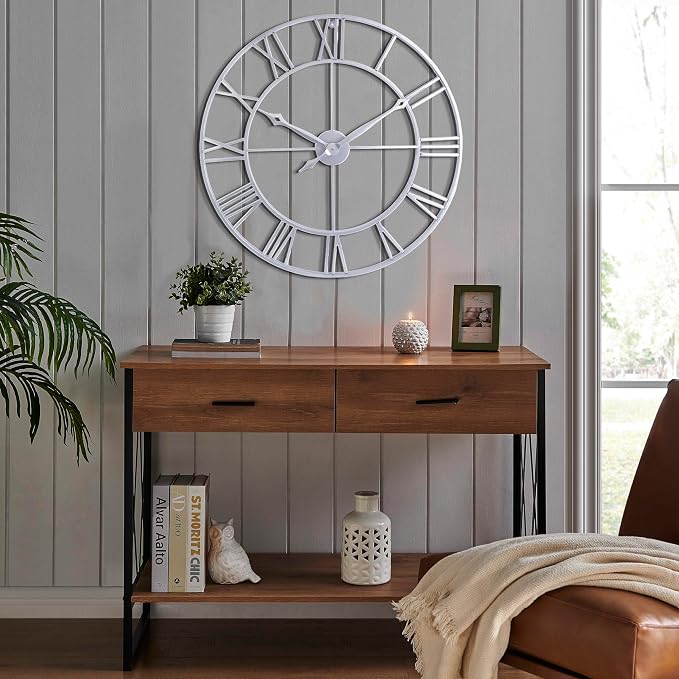 CLXEAST Large Modern 30 Inch Wall Clock Silver, Oversized Big Roman Numeral Metal Wall Clocks for Living Room Decor, Home Office,Dinning Room