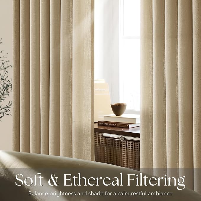 Tan Curtains 120 inches Long 2 Panel Set for Living Room Camel Beige Rustic Farmhouse Pinch Pleated Drapes Memory Trained Light Filtering Linen Curtain with Pinch Pleat Clips 120" Length Kahki
