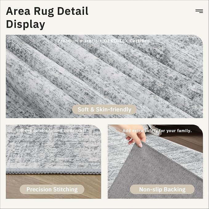 Soalmost Runner Rug 2'6" x 14' Washable Non-Slip Runner Rugs for Kitchen Bathroom Laundry Room Vintage Ultra Thin Runners for Hallway Entryway Grey