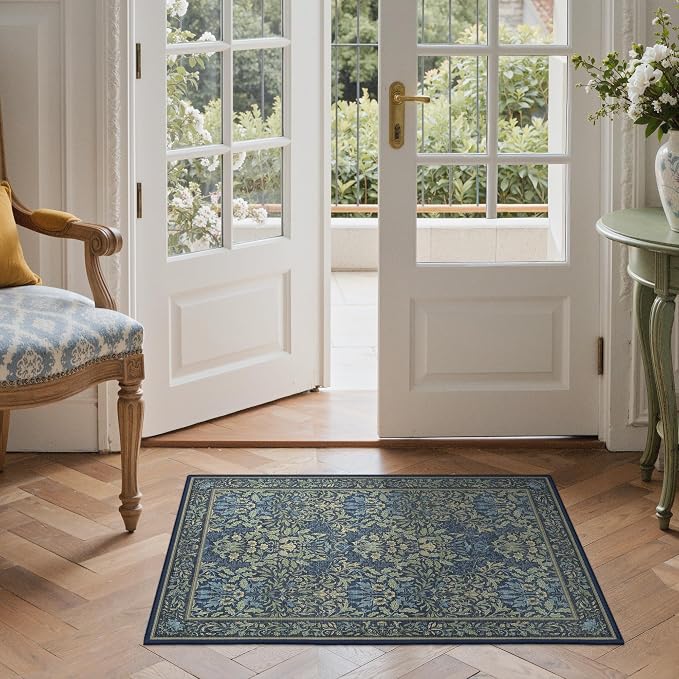 GENIMO 2x3 Washable Kitchen Rug, Non Slip Indoor Door Mat, Dark Blue | Vintage Boho Floral Low Pile Entryway Mat for Bathroom, Front Door and Laundry Room