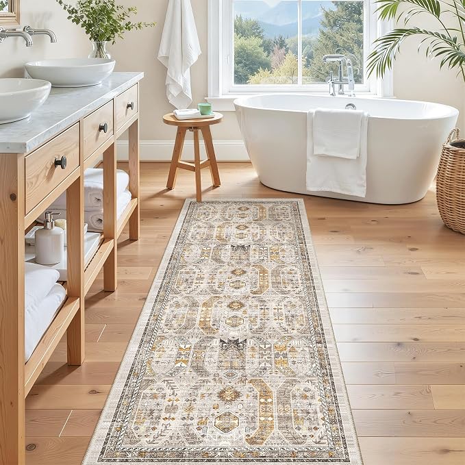 Madane Hallway Runner Rug - 2x5 Rug Runner Washable Runner Rugs Non-Slip Low-Pile Kitchen Runner Rug Laundry Room Rug Throw Carpet for Entrance Bedroom Living Room (2'x5', Brown/Gold)