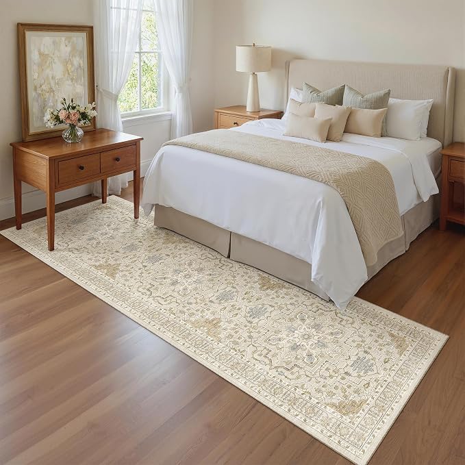 Madane Kitchen Runner Rug 2x7 with Rubber Backing Non Slip, Beige/Blue | Vintage Ultra-Thin Machine Washable Hallway Rugs 7 ft, Soft Low-Pile Throw Carpet Runners for Bedroom Bathroom Laundry Room