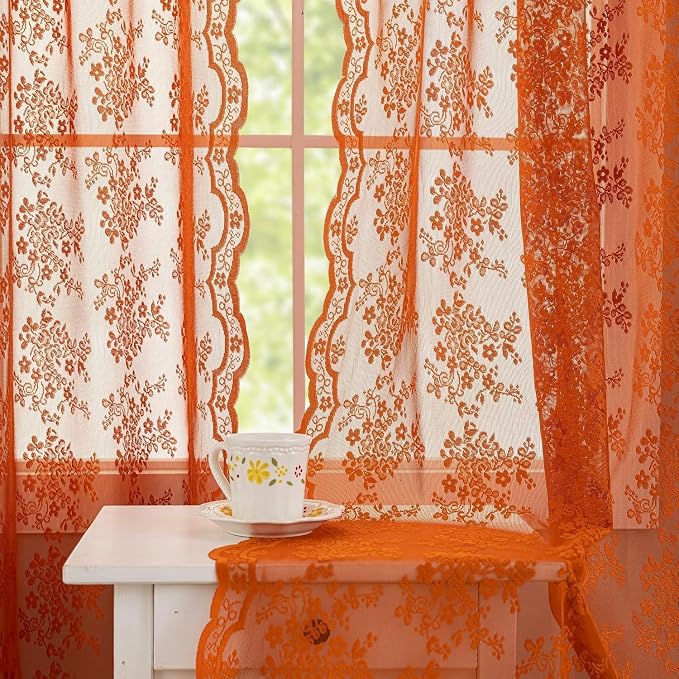 YJ YANJUN Lace Curtains 80 Inches Long, Burnt Orange Sheer Curtain Panels | Rustic Bohemian Floral Pattern, Light Filtering, Boho Autumn Fall Decor for Living Room Bedroom Closet, 2 Panels 52W x 80L