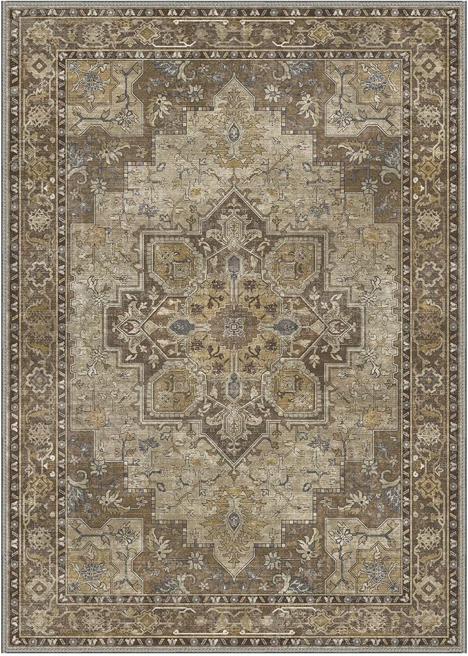 GENIMO 6x9 Area Rugs for Living Room, Machine Washable Non Slip Vintage Rugs, Low Pile Lightweight Print Rug for Bedroom, Dining Room, Home Office, Rustic Brown