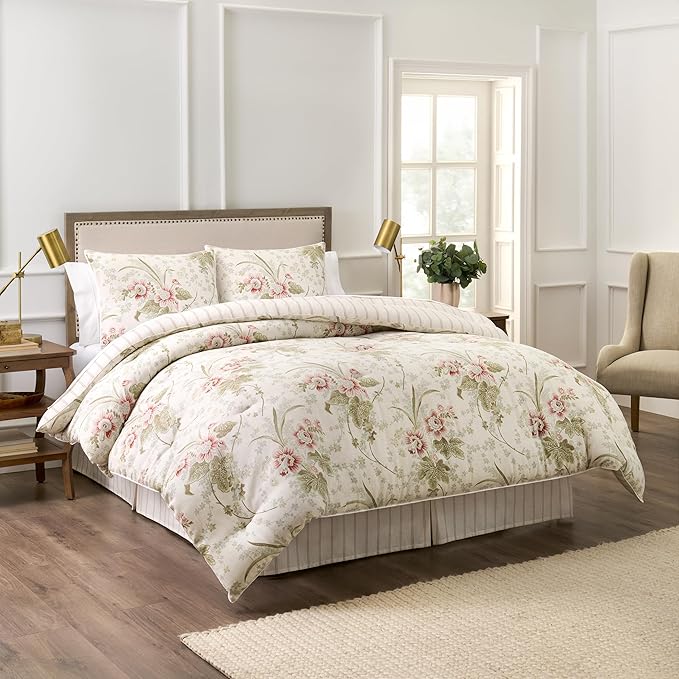 Waverly Stonington 4-Piece 100% Cotton Comforter Set – Full/Queen Ivory, Textured Basket Weave Bedding with Bed Skirt & 2 Pillow Shams