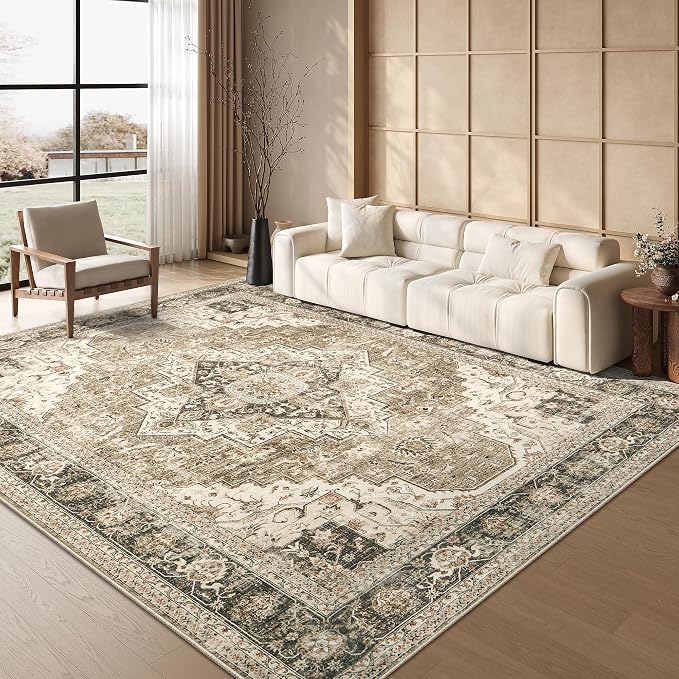 Roxstand Washable Rugs 9x12, Large Area Rugs 9x12 Living Room with Non-Slip Backing, Super-Soft Floral Vintage Rug, Low Pile Area Rug for Bedroom, Dining Room, Office (Brown/Beige, 9'x12')