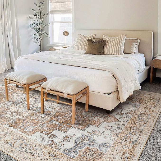 GENIMO 6x9 Area Rugs for Living Room, Machine Washable Non Slip Rugs, Low Pile Lightweight Vintage Print Rug for Bedroom, Dining Room, Home Office, Orange&Beige