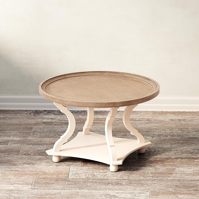 COZAYH Round Farmhouse Coffee Table, Wood Tray Top, White, Circle | Coffee Table with Storage, Rustic Coffee Table, Small Round End Table, Round Wood Accent Table