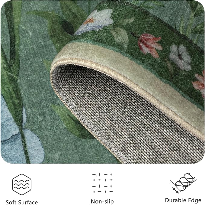 8x10 Area Rugs, Machine Washable Low Pile Floral Rugs for Living Room, Bedroom, Large Area Rug with Non-Slip Backing for Dining Room(Green)