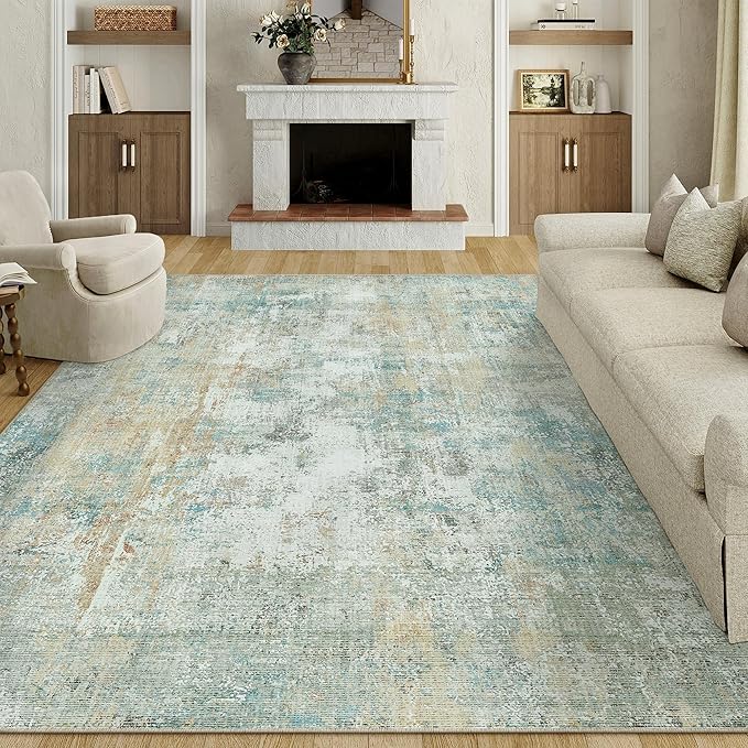 9x12 Washable Area Rug Teal Beige Abstract Non Slip Soft Low Pile Rug for Living Room Bedroom Dining Room Office Neutral Modern Indoor Large Throw Carpet for Home Decor