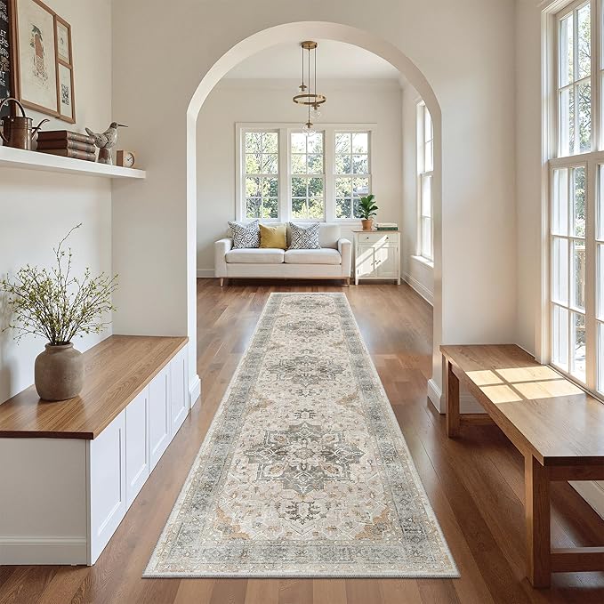 Madane Washable Runner Rugs 2x10 for Hallway Kitchen, Light Taupe Brown | Non-Slip Low-Pile 10ft Rug Runners Soft, Stain-Resistant Floor Carpet Mat for Entrance, Living Dining Laundry Room, Stair