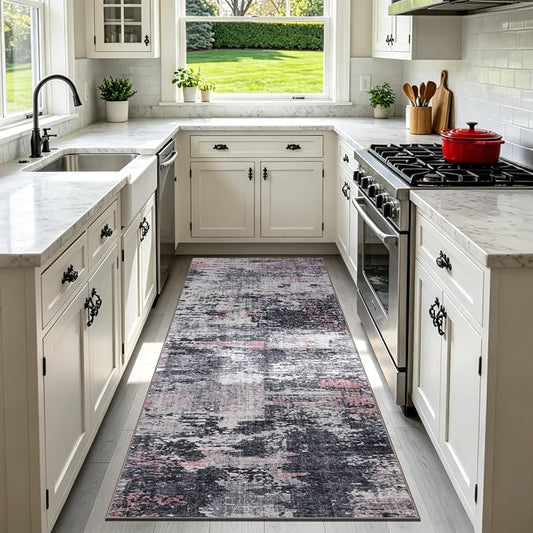 Sasttie 2x6 Soft Runner Rug for Entryway, Modern Abstract Washable Carpet for Hallway, Kitchen and Laundry Room, with Non-Slip Backing, Black and Pink