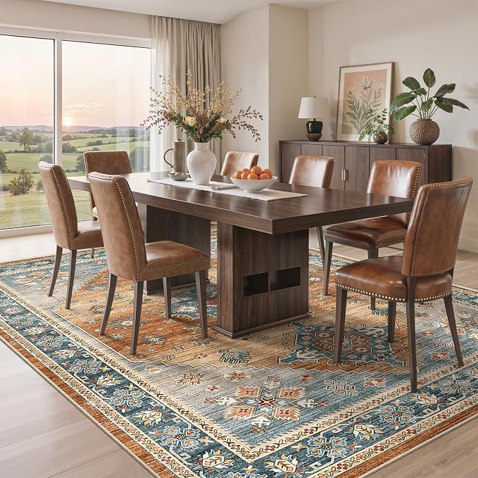 Roxstand 6x9 Area Rug for Living Room, Washable Vintage Thin Rugs with Non-Slip Backing Indoor Floor Carpet, Stain Resistant Area Rugs for Bedroom Dining Room (Navy/Orange, 6'x9')