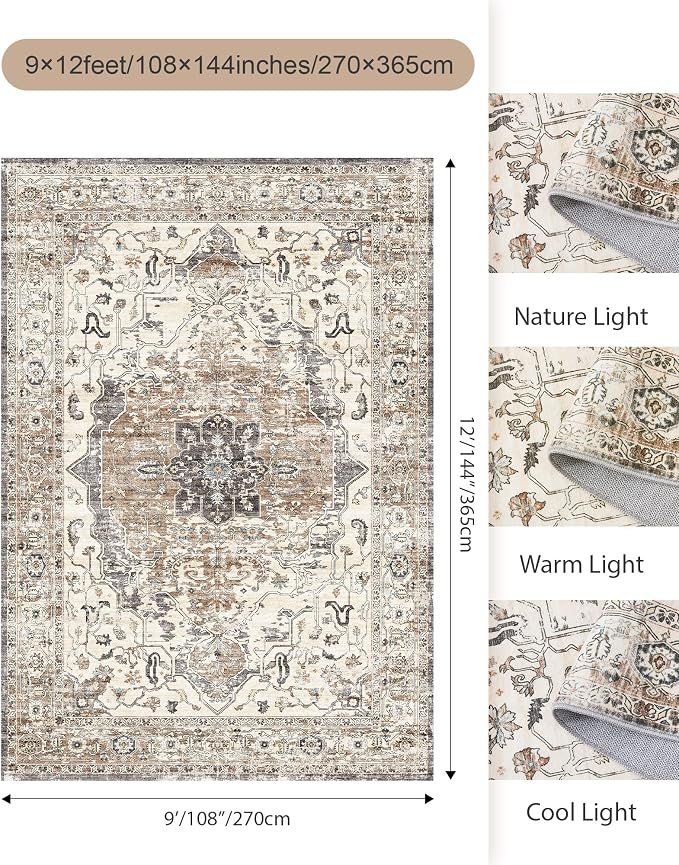 befbee 9x12 Area Rugs for Living Room,Ultra-Thin Washable Rug, Non-Slip Lightweight Foldable Area Rug, Stain Resistant Vintage Large Rugs(Brown/Grey,9'x12')