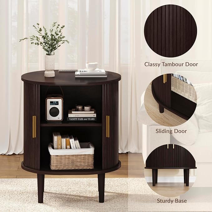 DHH Mid Century Modern Nightstand with Charging Station, Fluted Accent Side Table with Sliding Door & Adjustable Shelf, End Table for Small Space, Living Room, Bedroom,Sofa Couch(1, Dark Walnut)