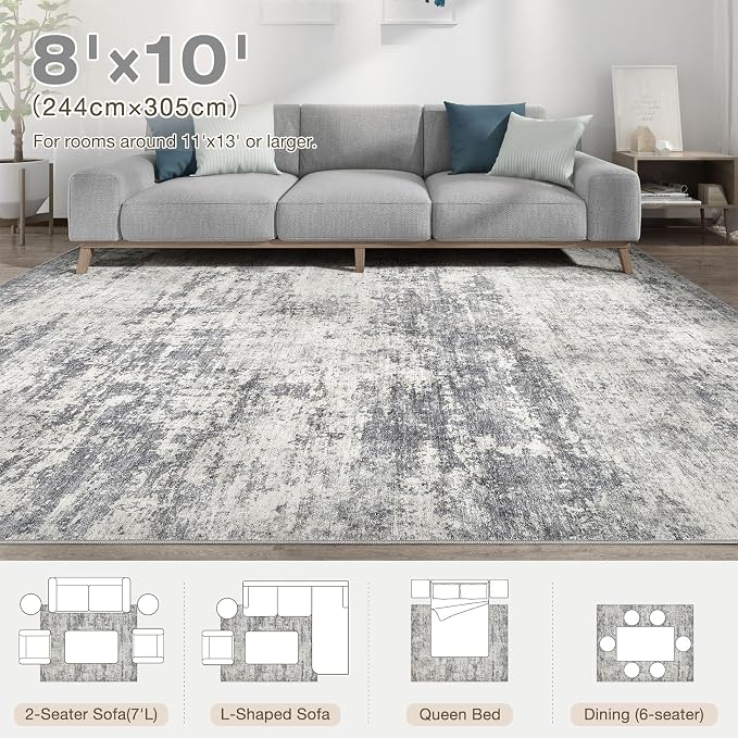Abstract 8x10 Area Rug: Machine Washable Non Slip Ultra Thin Low-Pile Carpet, Soft Stain Resistant for Living Dining Room Bedroom, Kid Pet Friendly, Robot Vacuum Compatible - Grey Beige