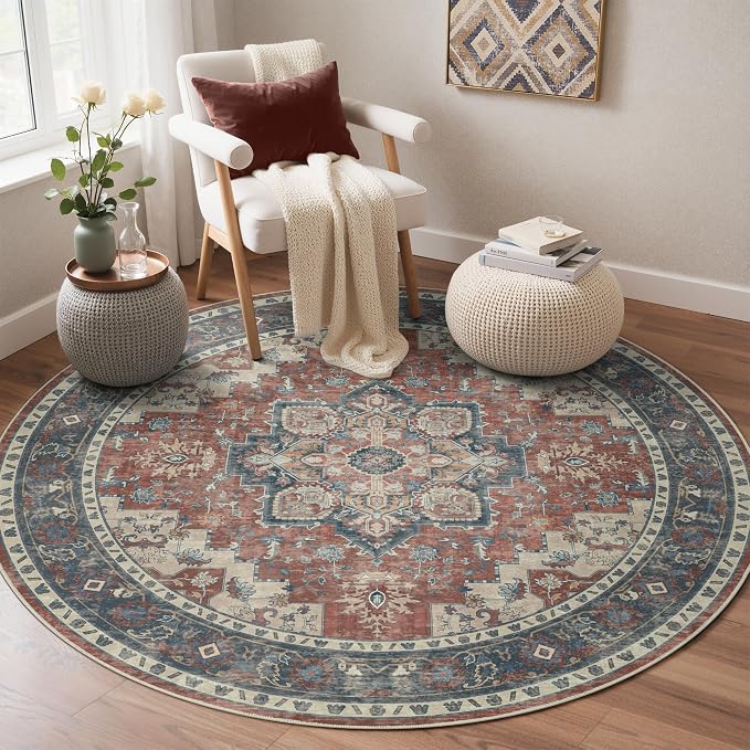 GENIMO 5FT Round Area Rugs for Living Room, Circle Rugs Machine Washable Low Pile, Non Slip Vintage Rug for Bedroom, Dining Room, Home Office, Bordeaux
