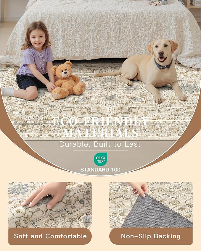 Madane Washable Runner Rugs 2x12 Long for Hallway Kitchen Soft, Beige/Blue | Non-Slip Vintage Printed 12ft Rug Runners with Rubber Backing, Thin Low-Pile Floor Carpet Laundry Room Entryway, Corridor